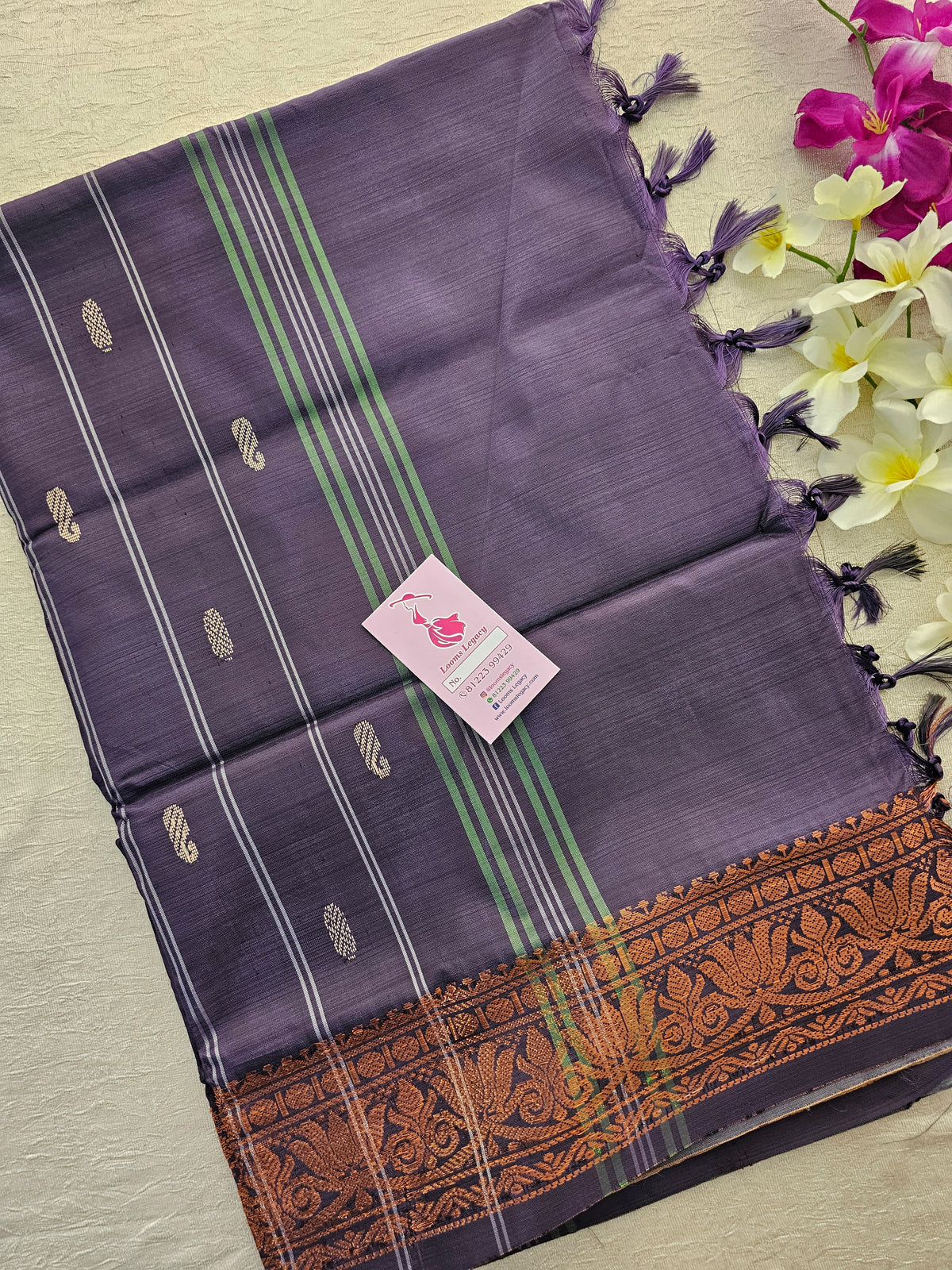 Green with Purple Pallu Chinnalampattu Small Border Saree