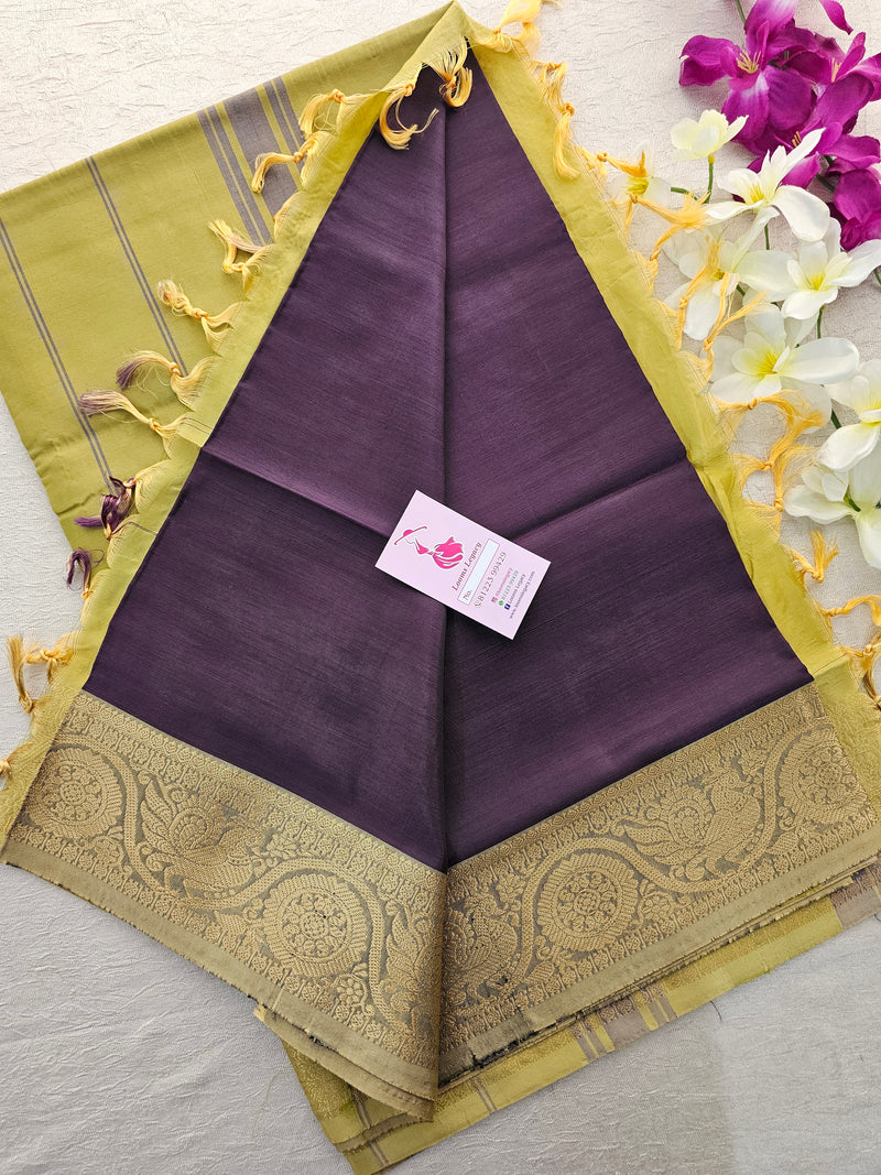 Dark Purple with Lime Yellow Pallu Chinnalampattu Small Border Saree