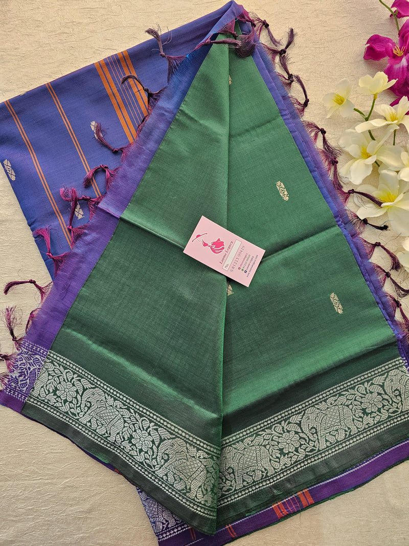 Bottle Green with Peaock Blue Pallu Chinnalampattu Small Border Saree