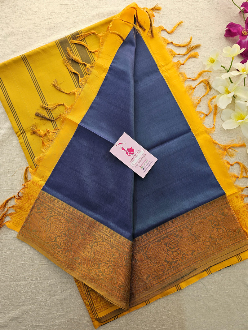 Peacock Blue with Yellow Pallu Chinnalampattu Small Border Saree