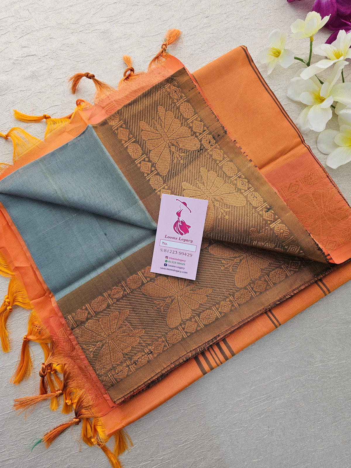 Grey with Orange Pallu Chinnalampattu Small Border Saree