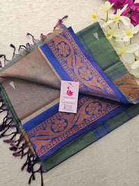 Dual Shade Brown with Peacock Blue with Green Pallu Chinnalampattu Small Border Saree