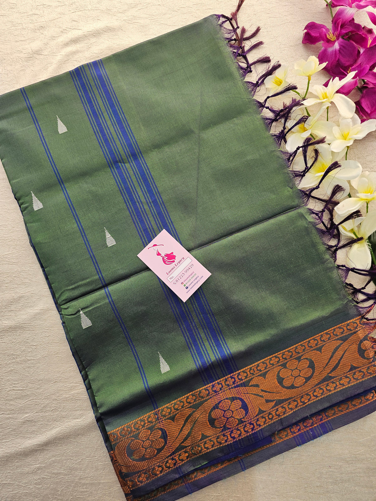 Dual Shade Brown with Peacock Blue with Green Pallu Chinnalampattu Small Border Saree