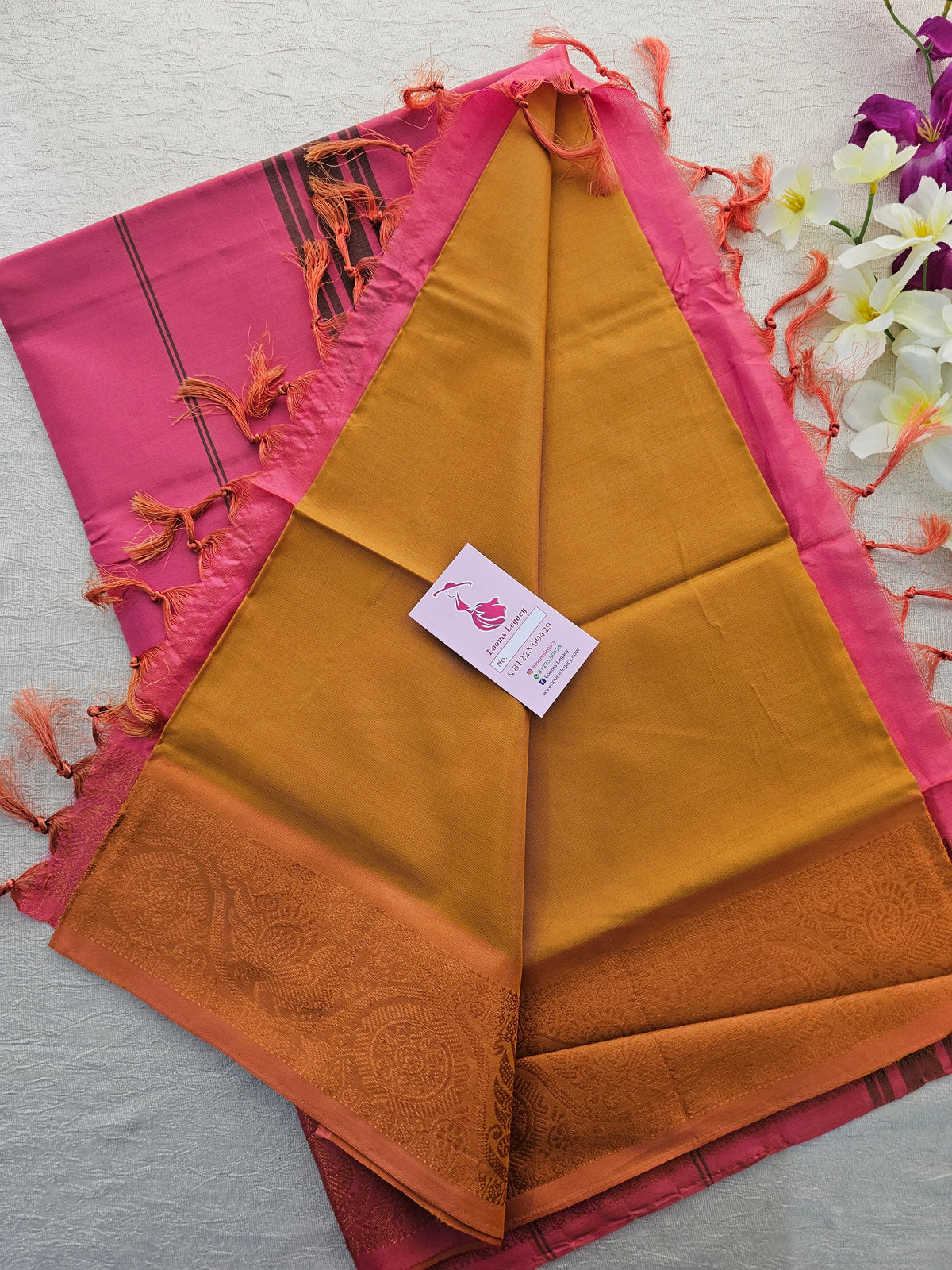 Mustard Brown with Pink Pallu Chinnalampattu Small Border Saree