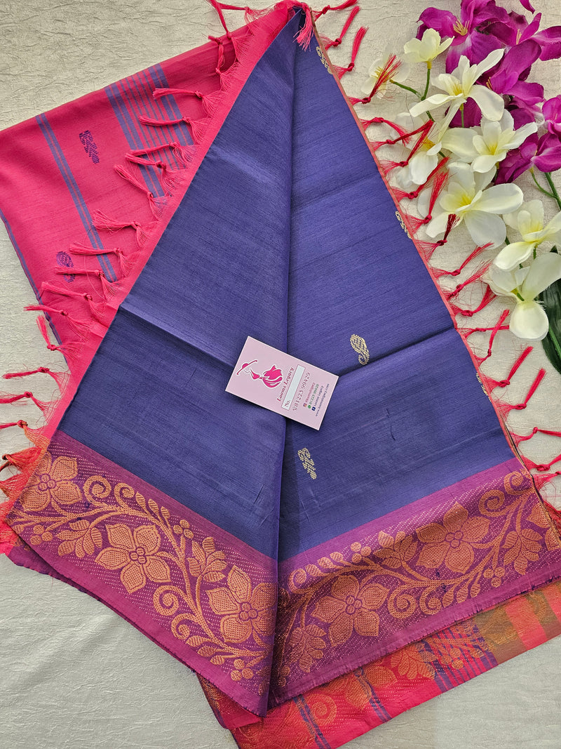 Navy Blue with Pink Pallu Chinnalampattu Small Border Saree