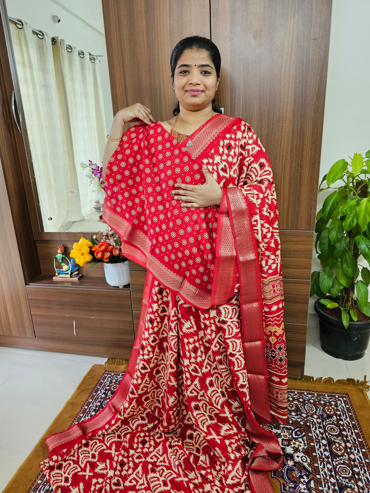 Semi Tussar Georgette with Zari Woven Saree Border - Red