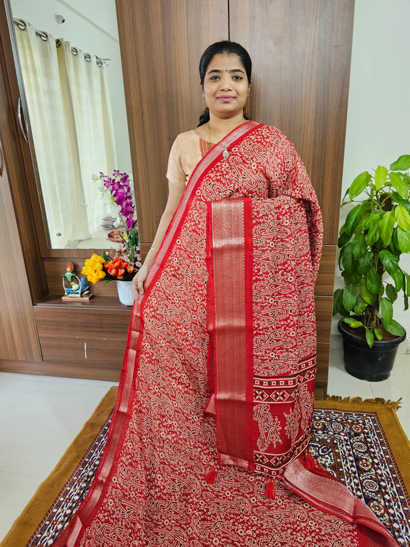 Semi Tussar Georgette with Zari Woven Saree Border - Dark Red