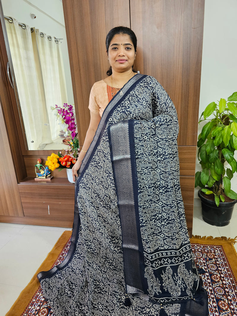 Semi Tussar Georgette with Zari Woven Saree Border - Dark Blue