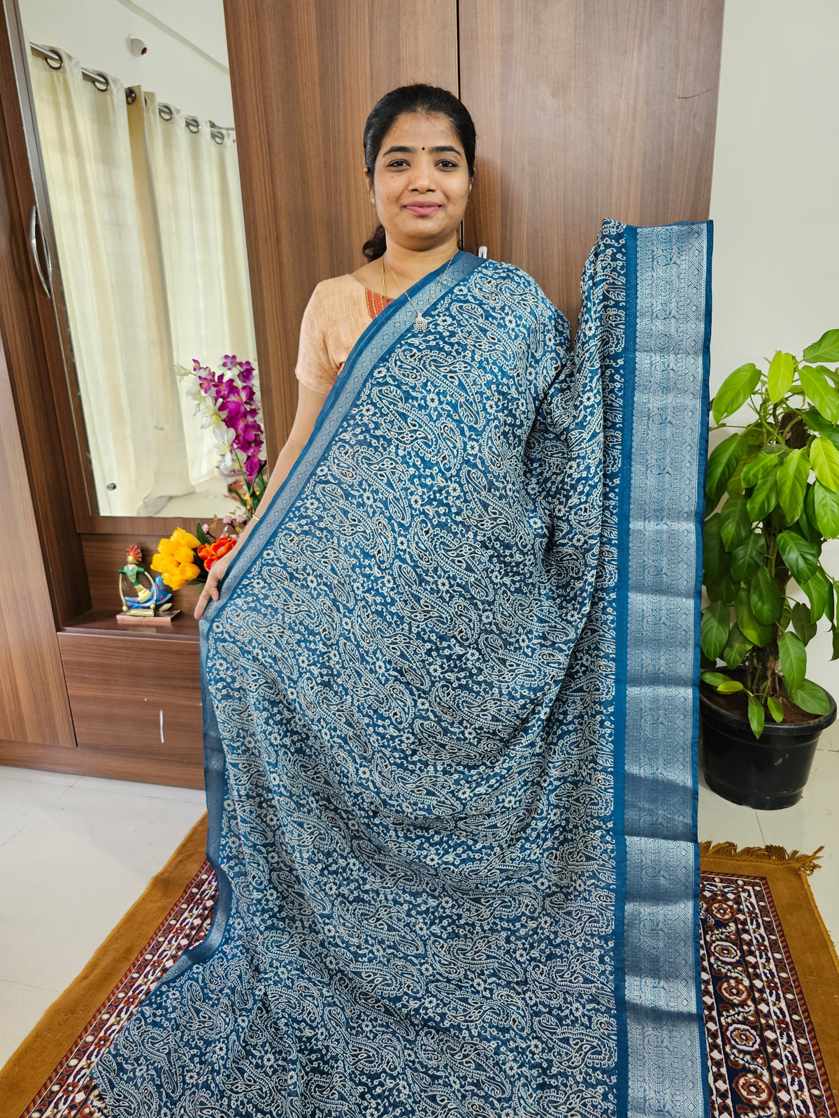 Semi Tussar Georgette with Zari Woven Saree Border - Dark Peacock