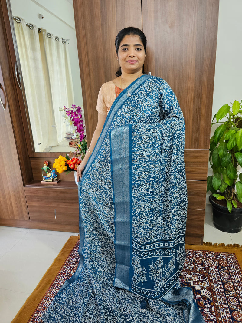 Semi Tussar Georgette with Zari Woven Saree Border - Dark Peacock