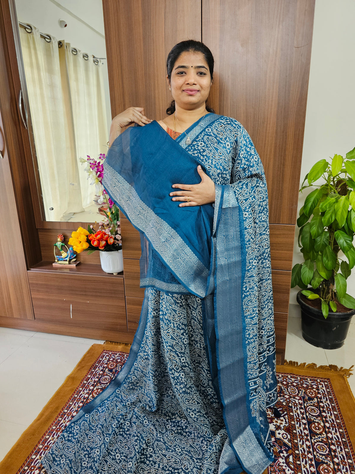 Semi Tussar Georgette with Zari Woven Saree Border - Dark Peacock