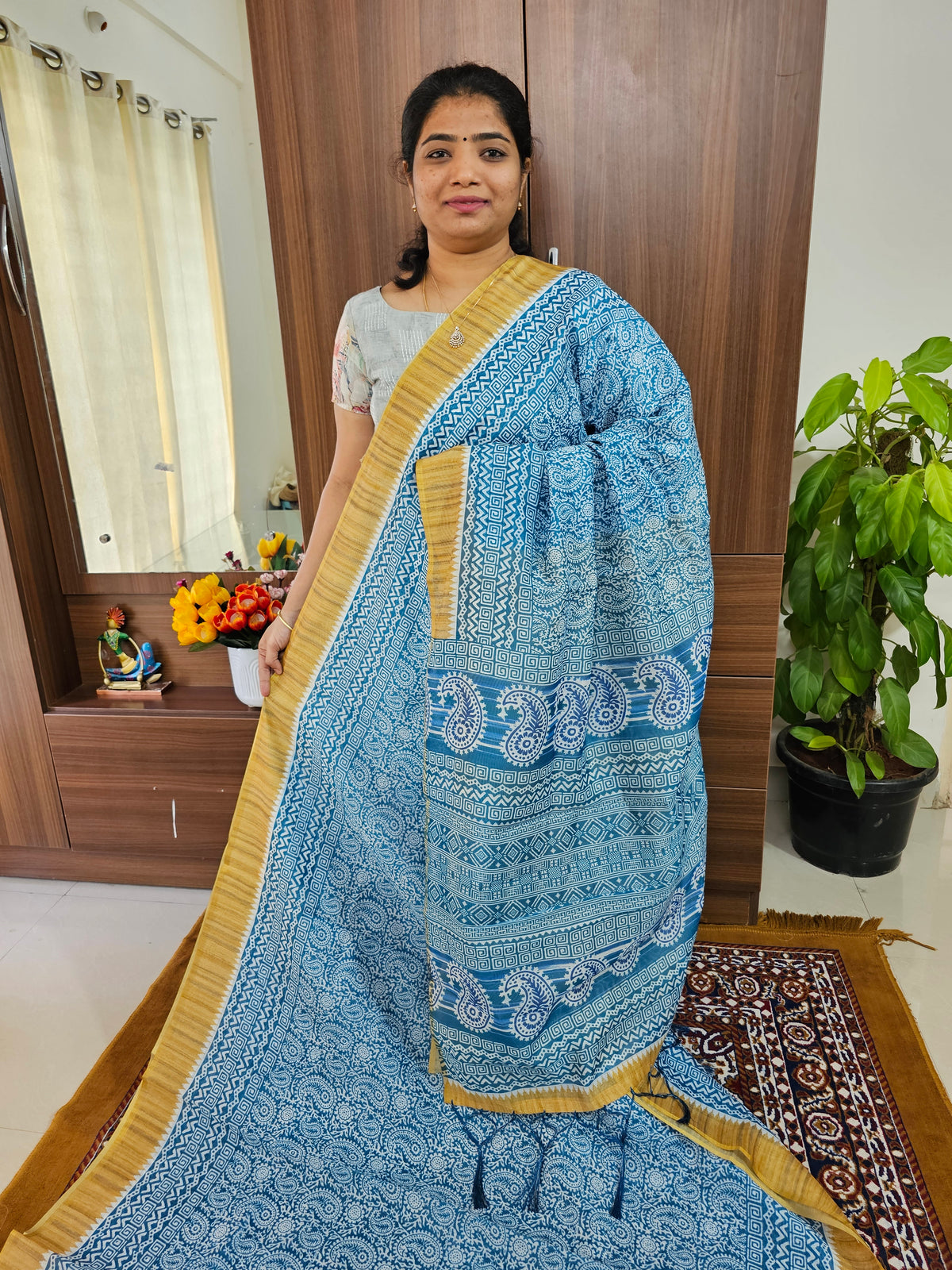 Semi Chanderi Saree - Blue