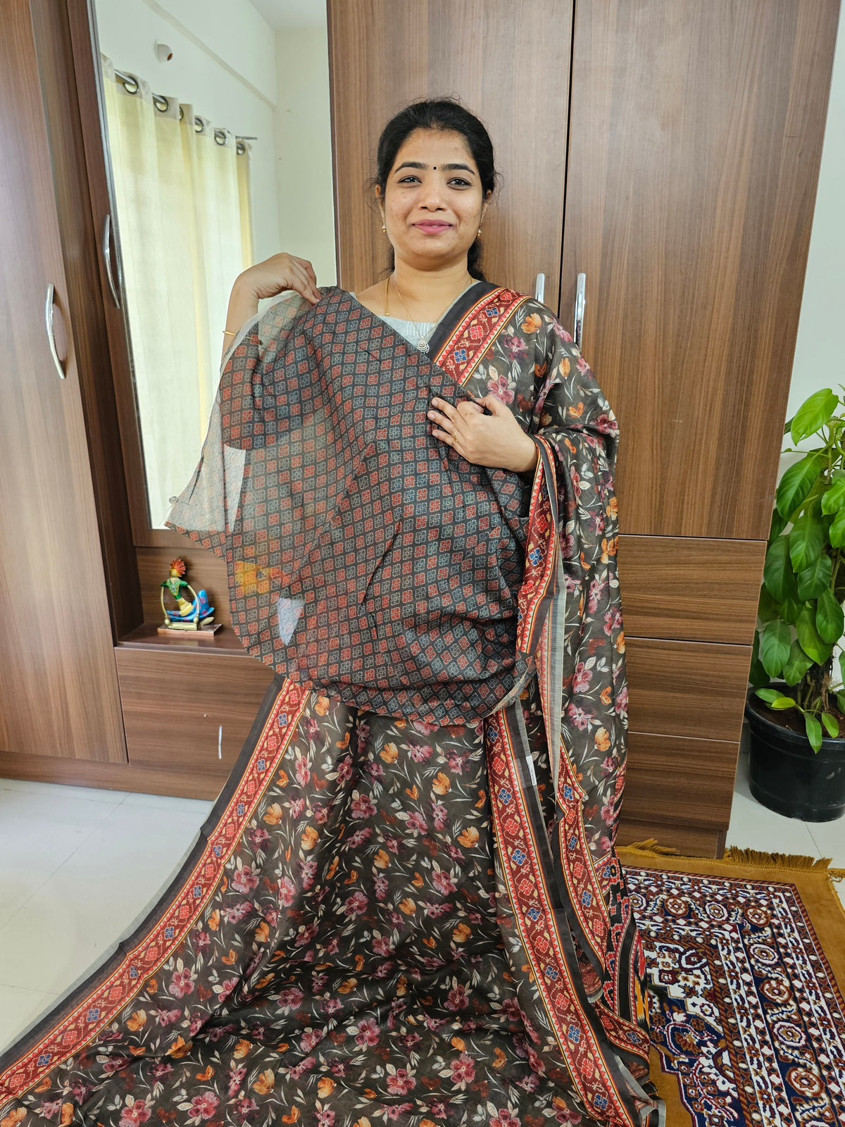 Semi Chanderi Saree - Dark Green