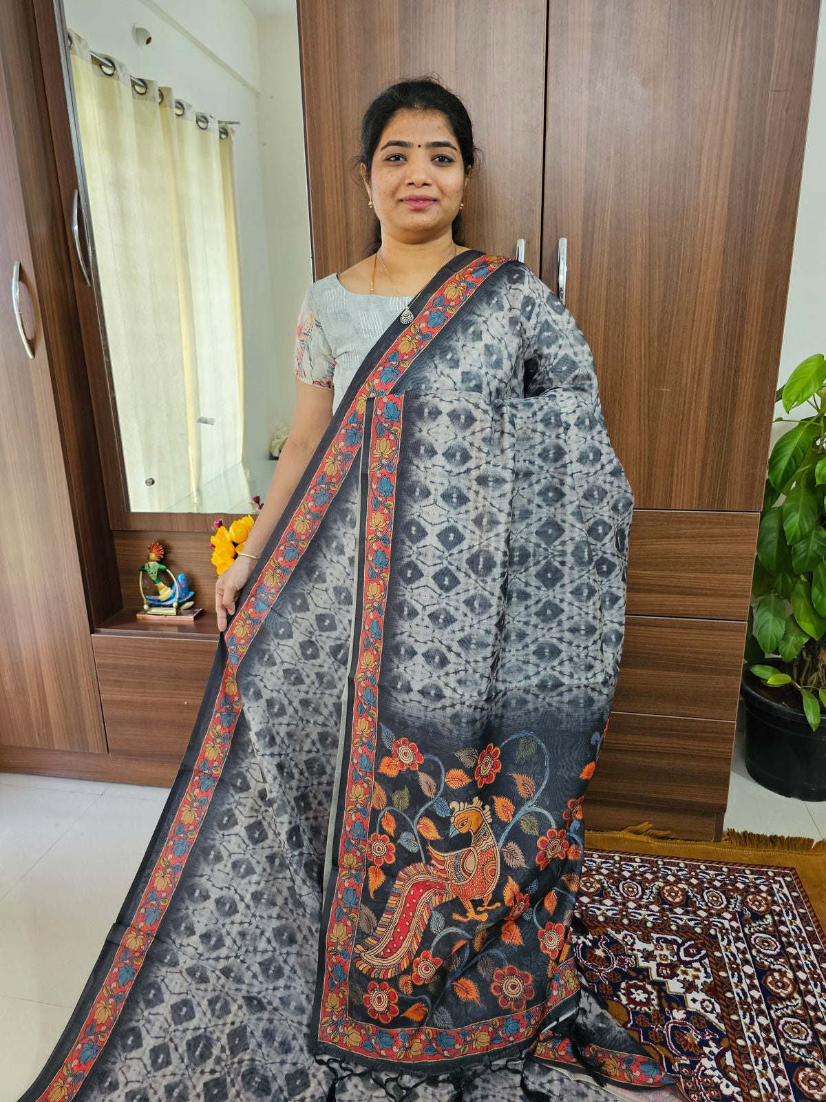 Semi Chanderi Saree - Dark Grey