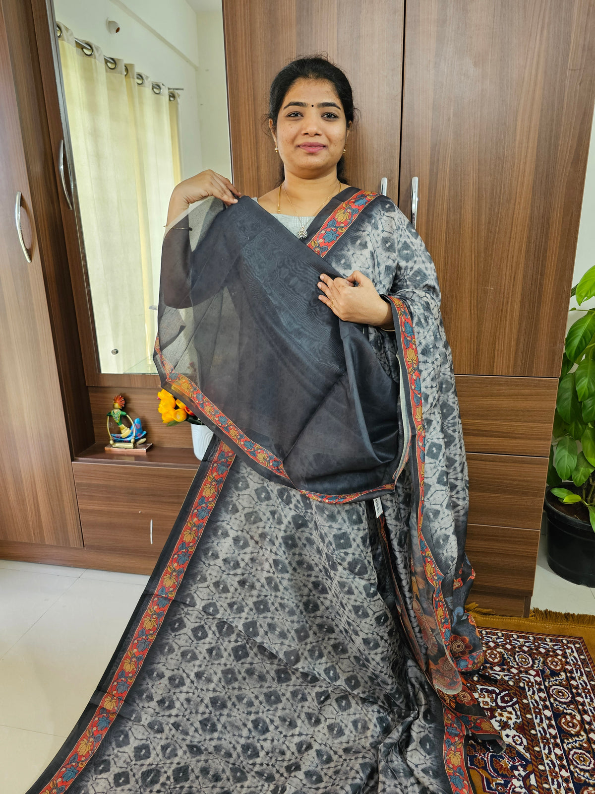 Semi Chanderi Saree - Dark Grey