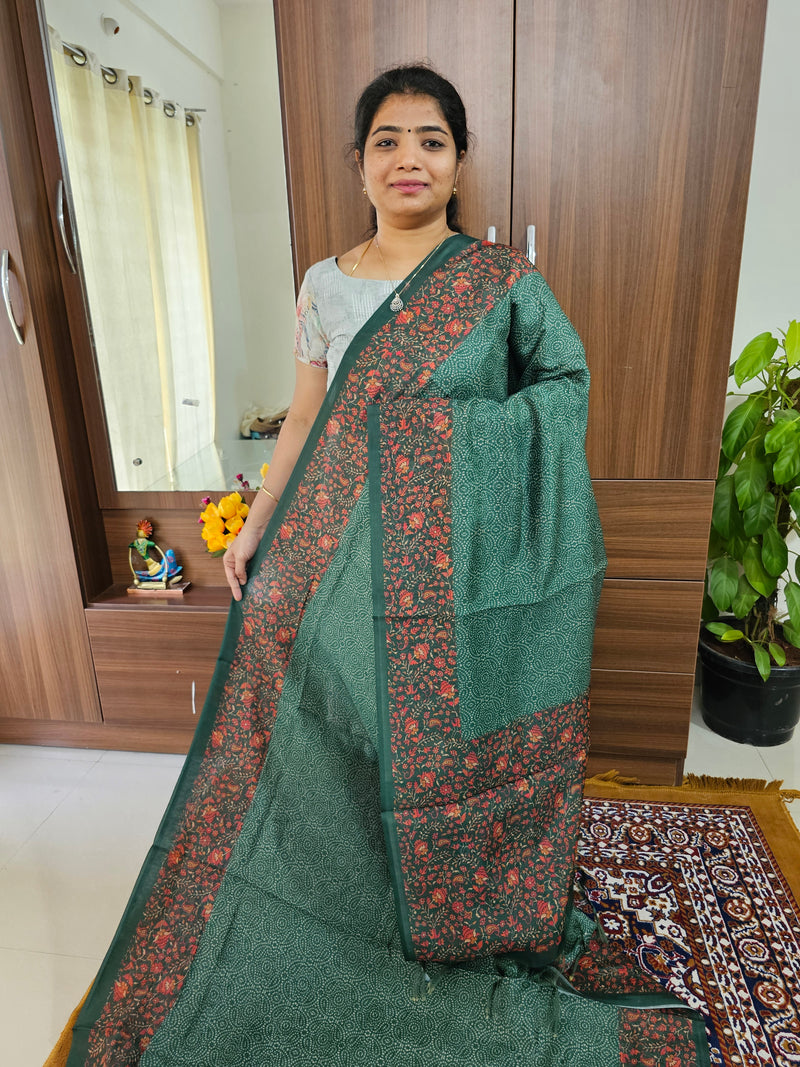 Semi Chanderi Saree - Bottle Green