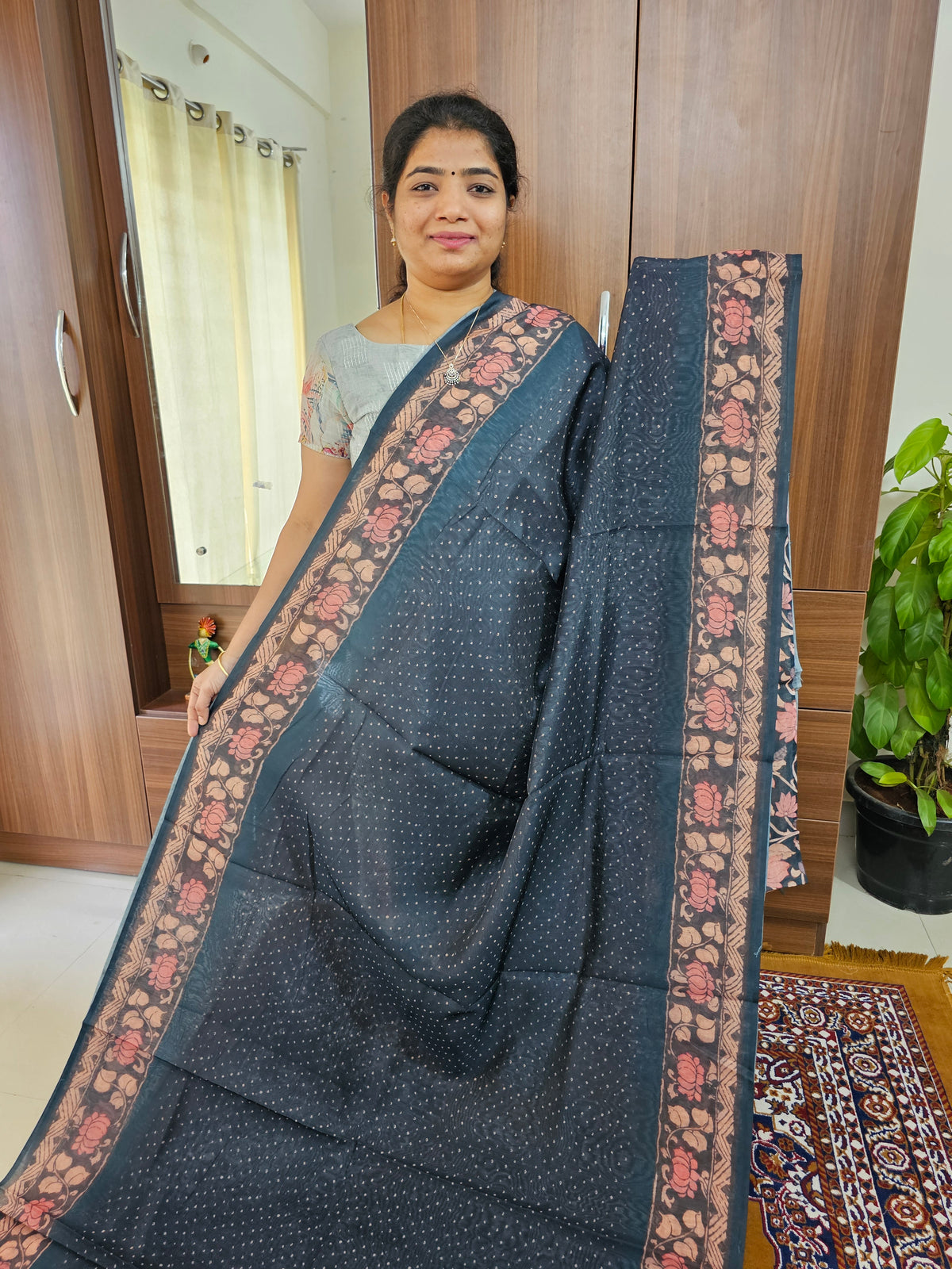 Semi Chanderi Saree - Dark Grey with Peach