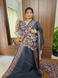 Semi Chanderi Saree - Dark Grey with Peach