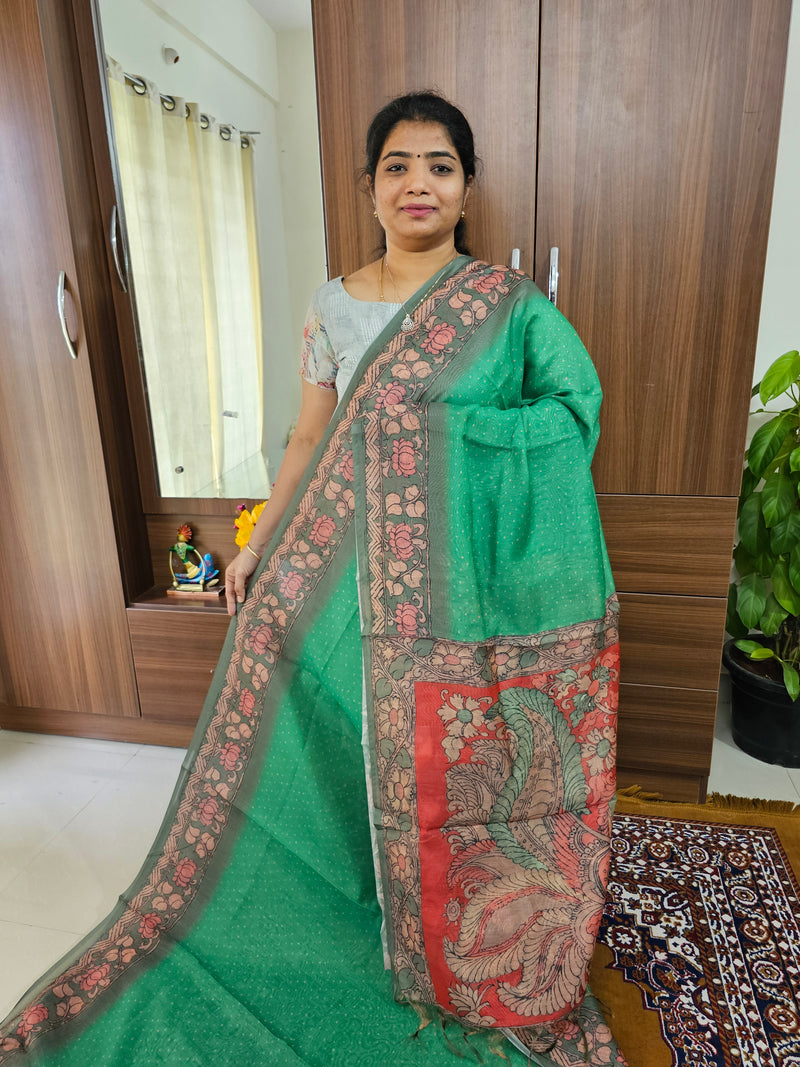 Semi Chanderi Saree - Green with Red