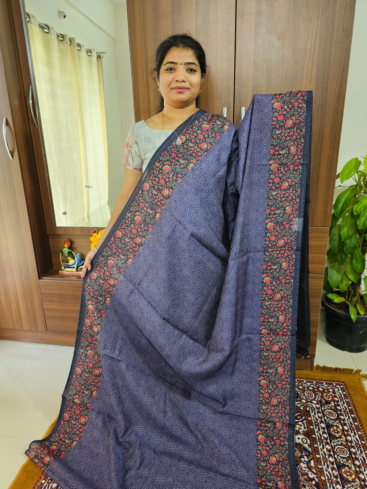 Semi Chanderi Saree -  Navy Blue