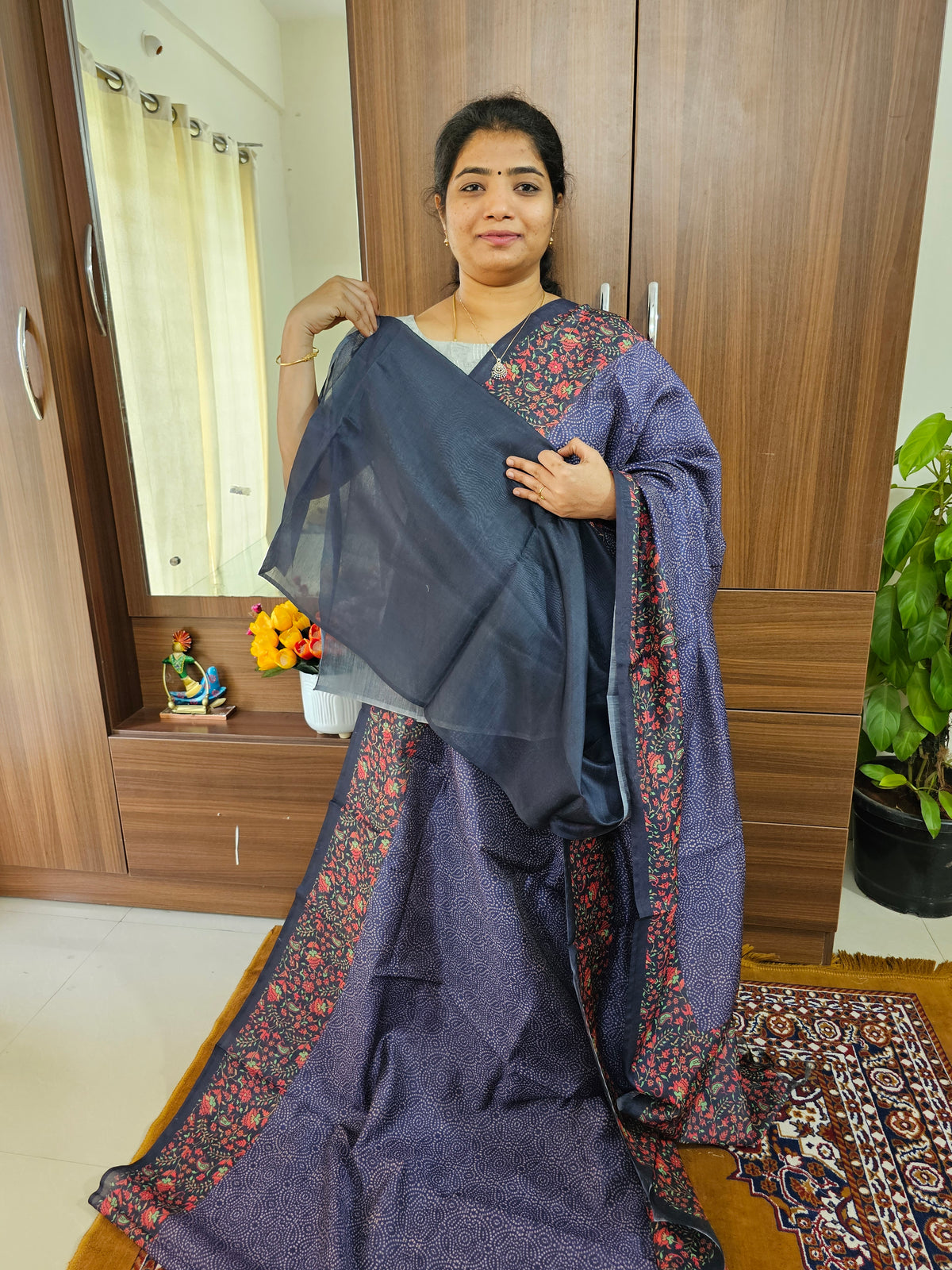 Semi Chanderi Saree -  Navy Blue