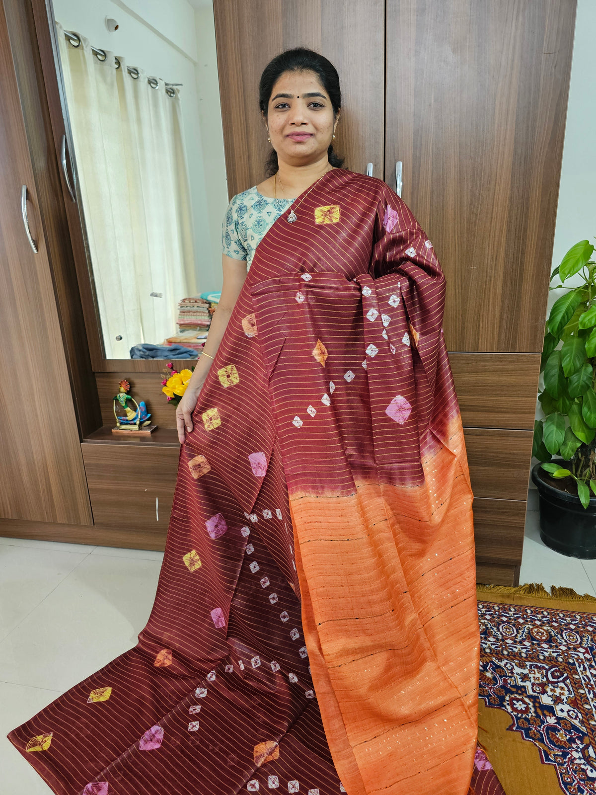 Bhagalpuri Silk Viscous with Sequence Weaving Pallu - Dark Maroon with Orange