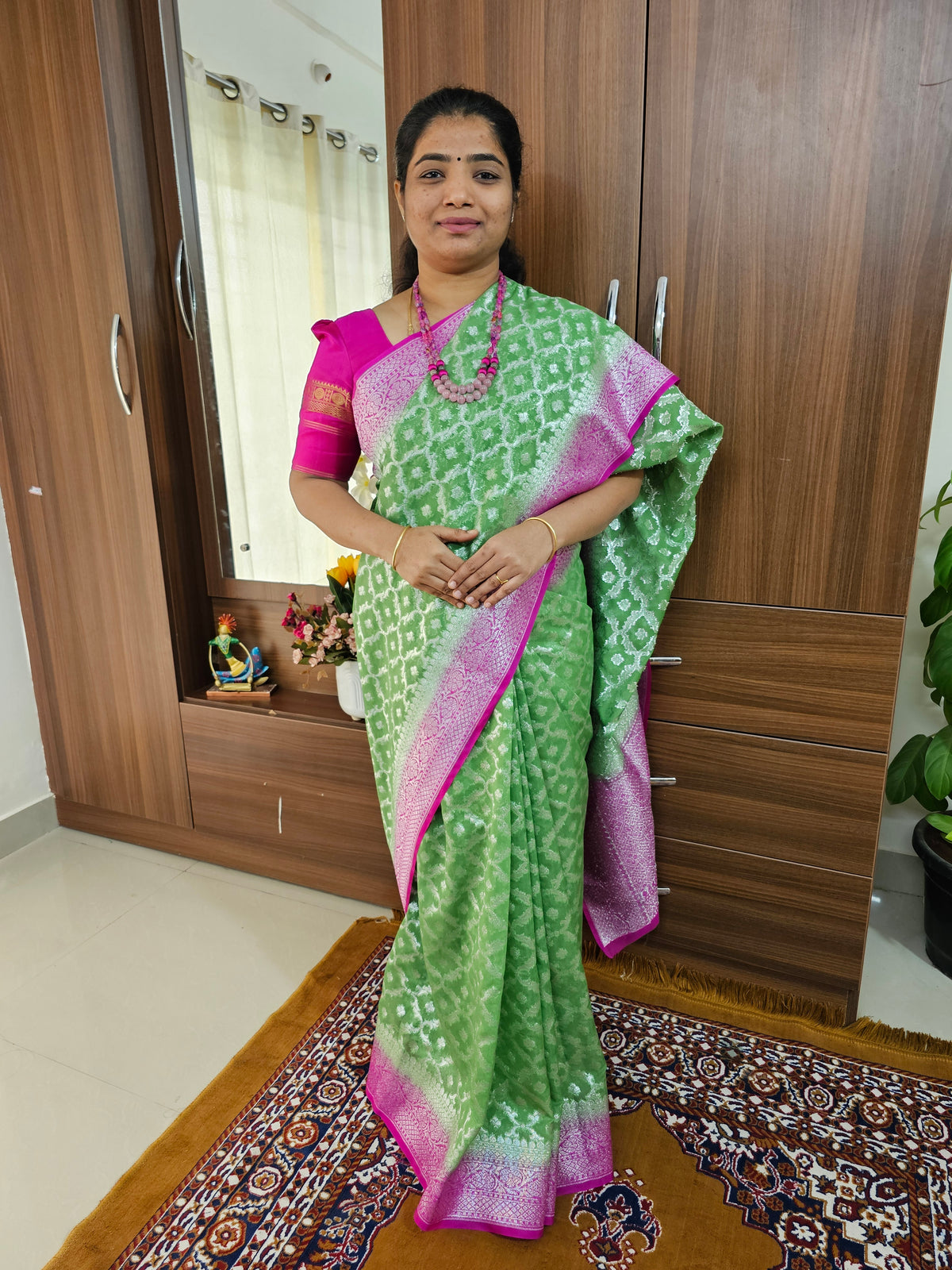 Semi Banarasi Brocade Saree - Green with Pink