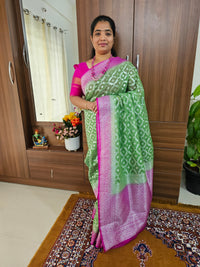 Semi Banarasi Brocade Saree - Green with Pink