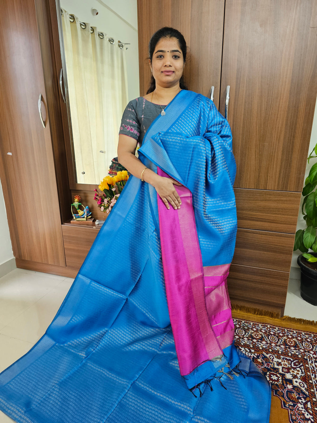 Semi Raw Silk - Blue with Pink