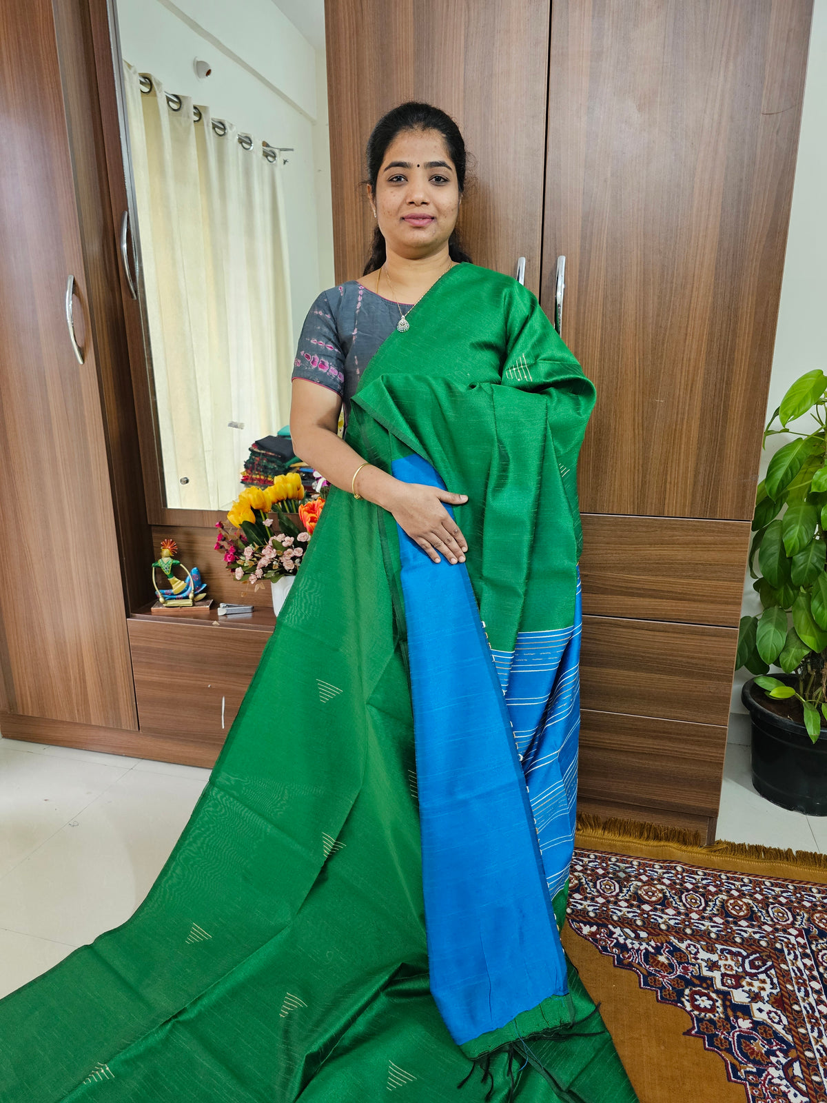 Semi Raw Silk - Green with Blue