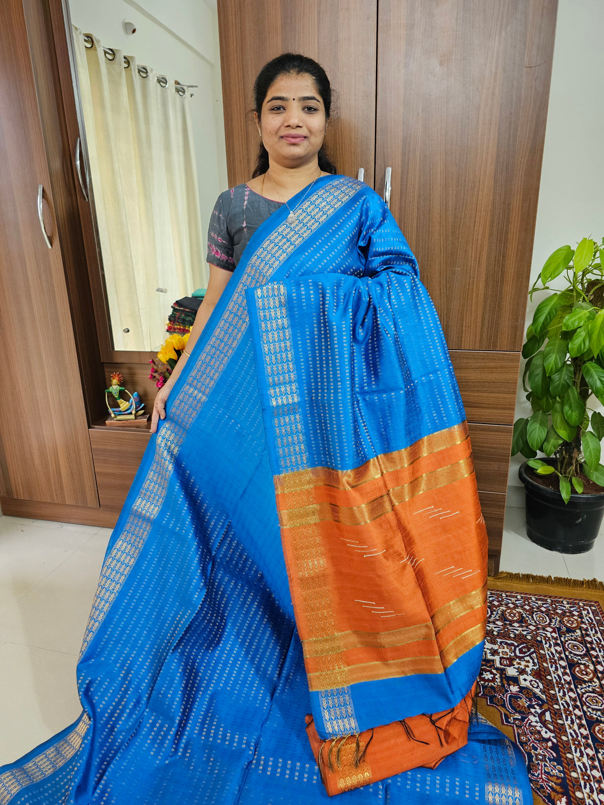 Semi Raw Silk - Blue with Orange