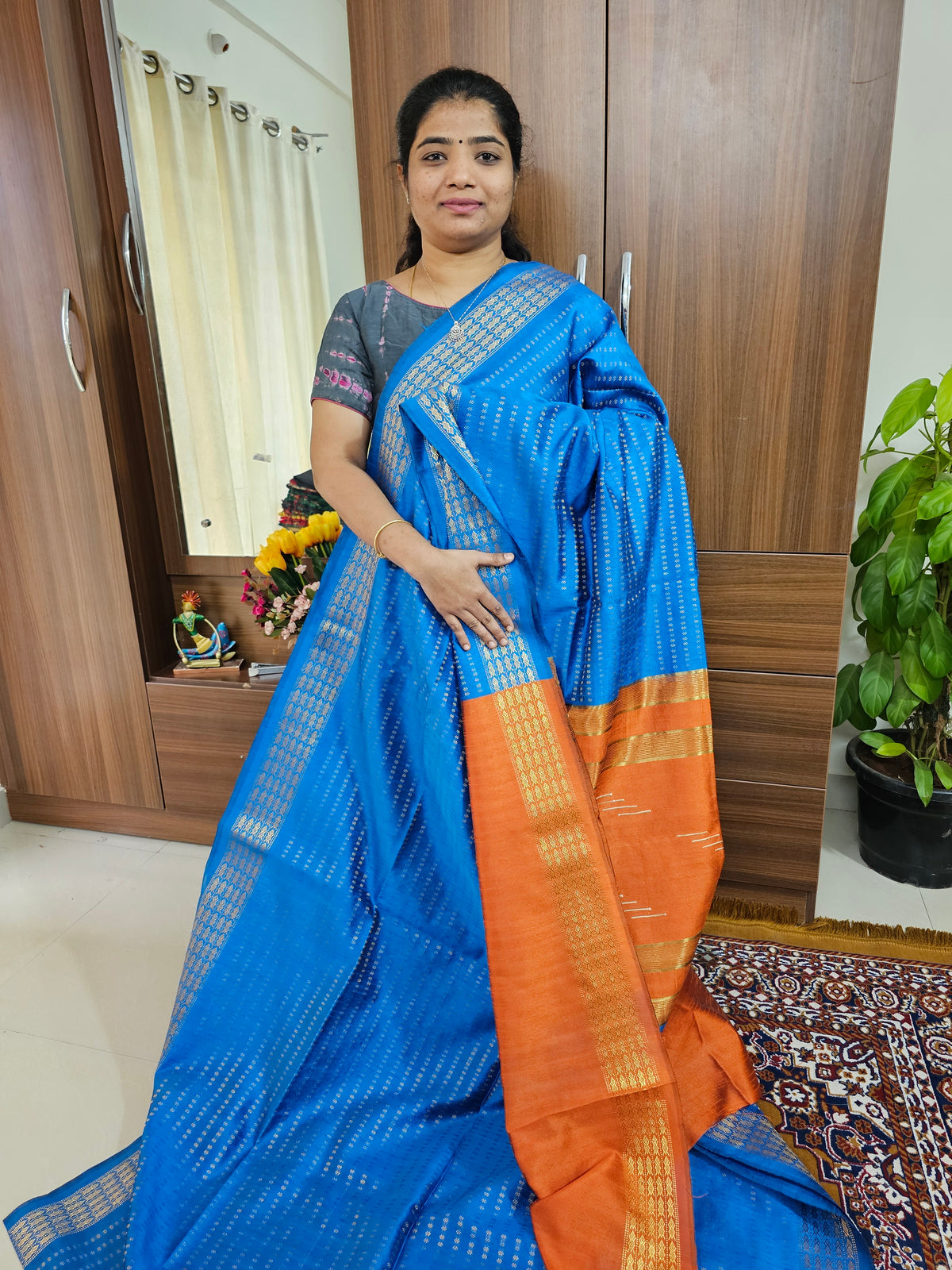 Semi Raw Silk - Blue with Orange