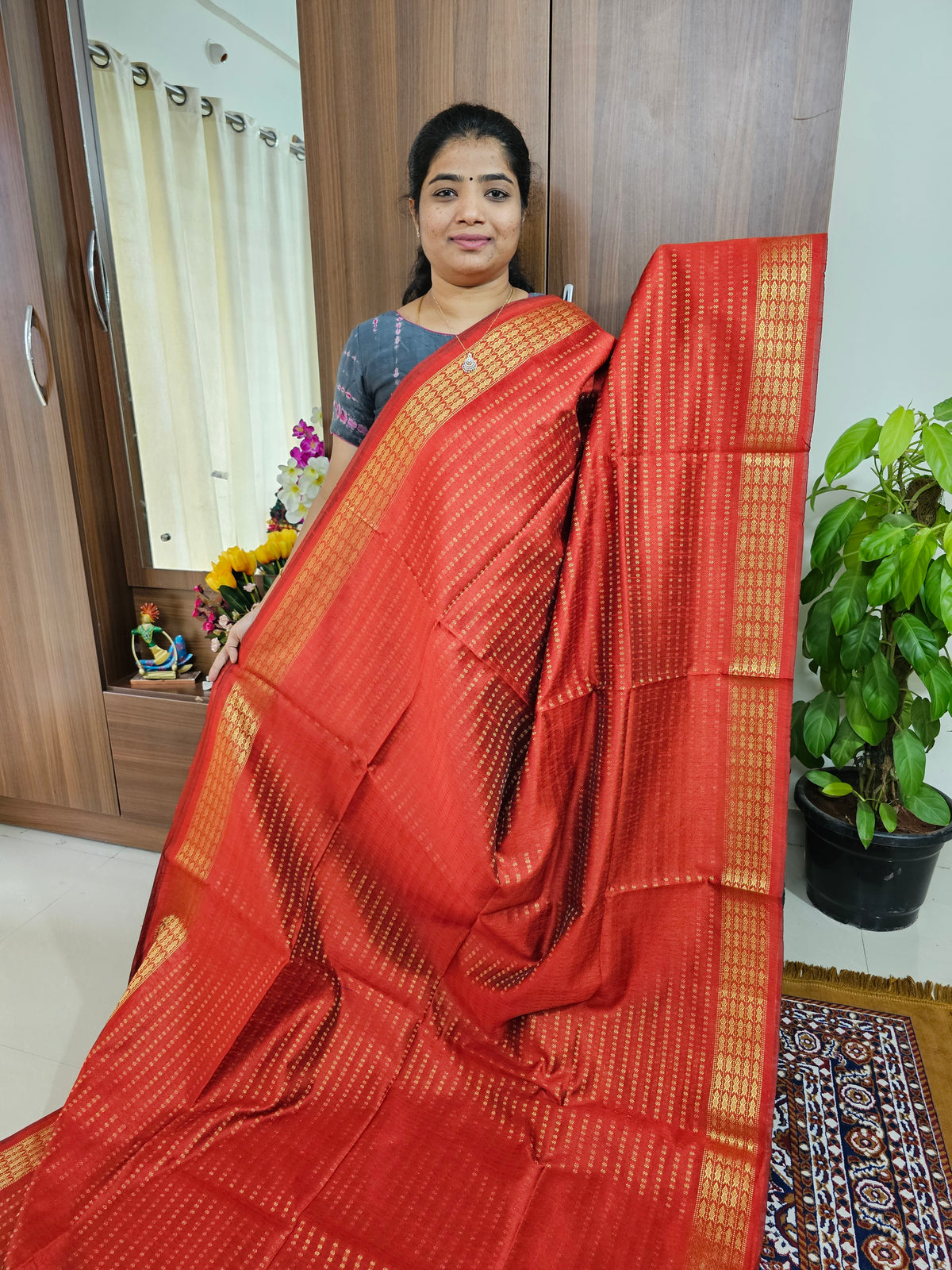 Semi Raw Silk - Red with Black