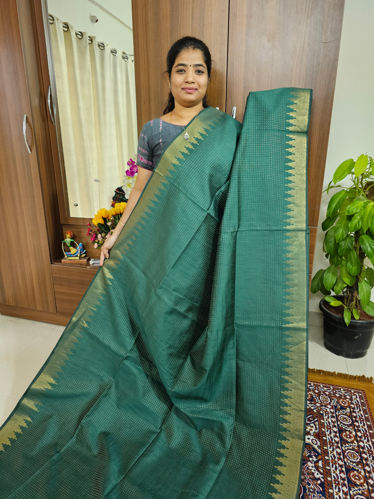 Semi Raw Silk - Dark Green with Orange