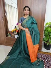 Semi Raw Silk - Dark Green with Orange