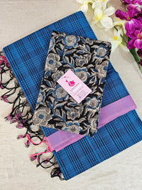 Handloom Mangalagiri Cotton - Blue with Pink