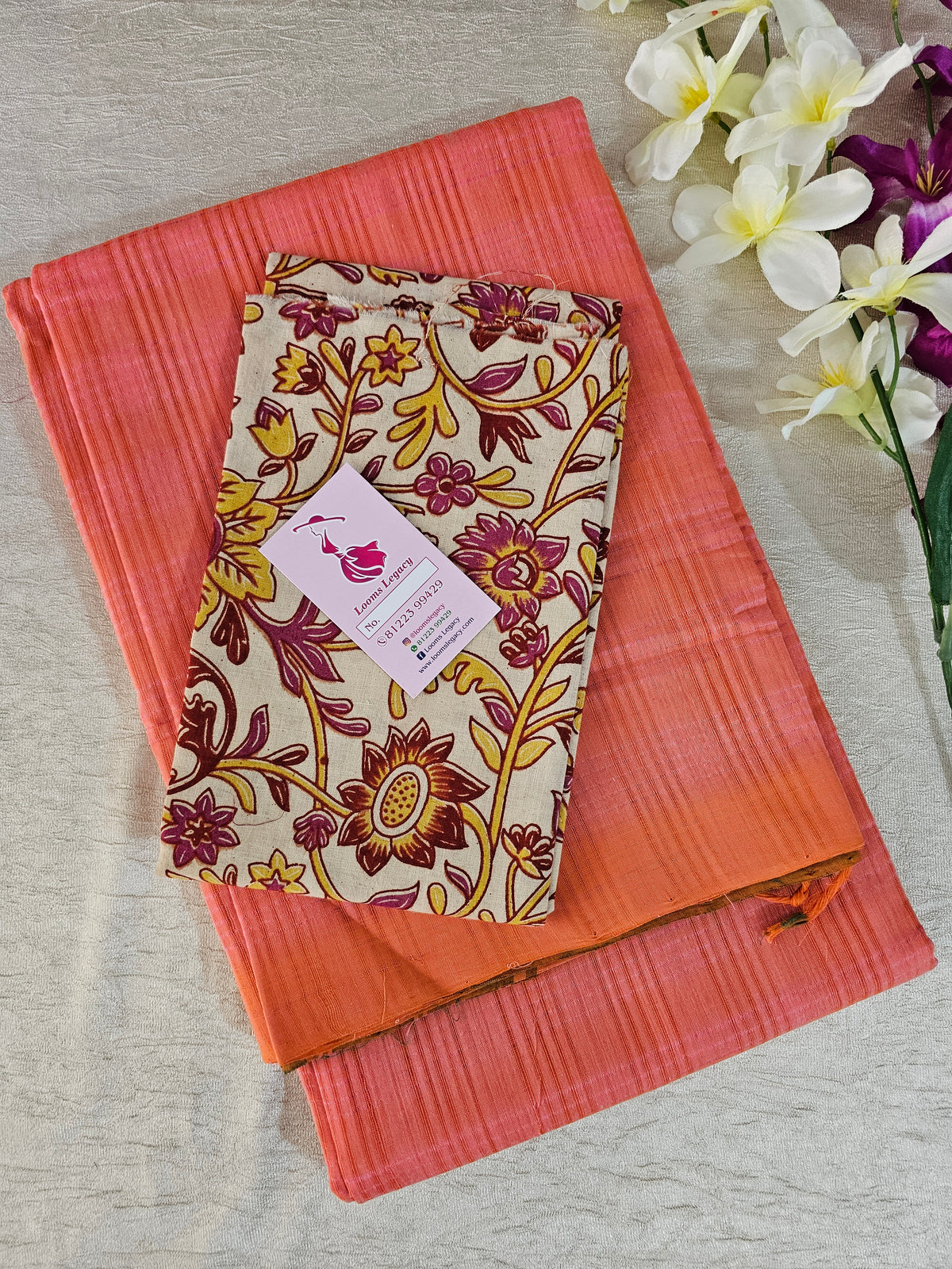 Handloom Mangalagiri Cotton -Peach with Green