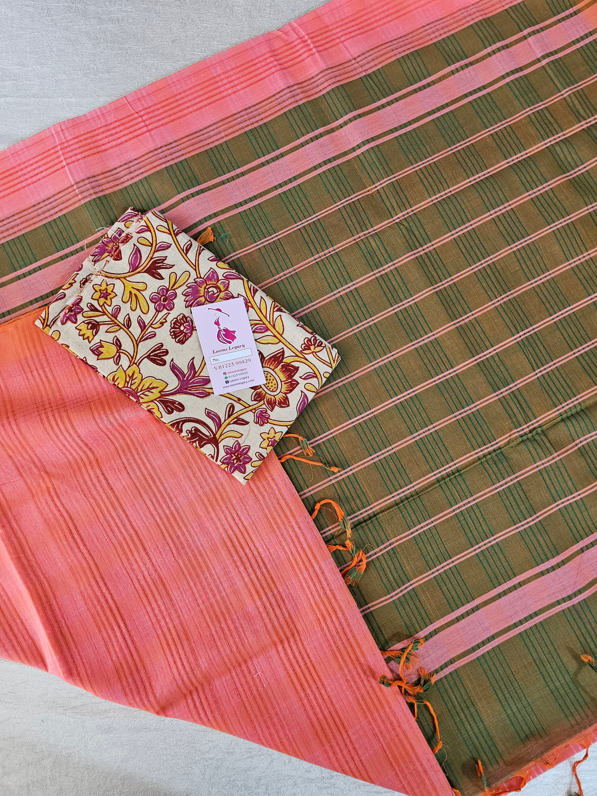 Handloom Mangalagiri Cotton -Peach with Green