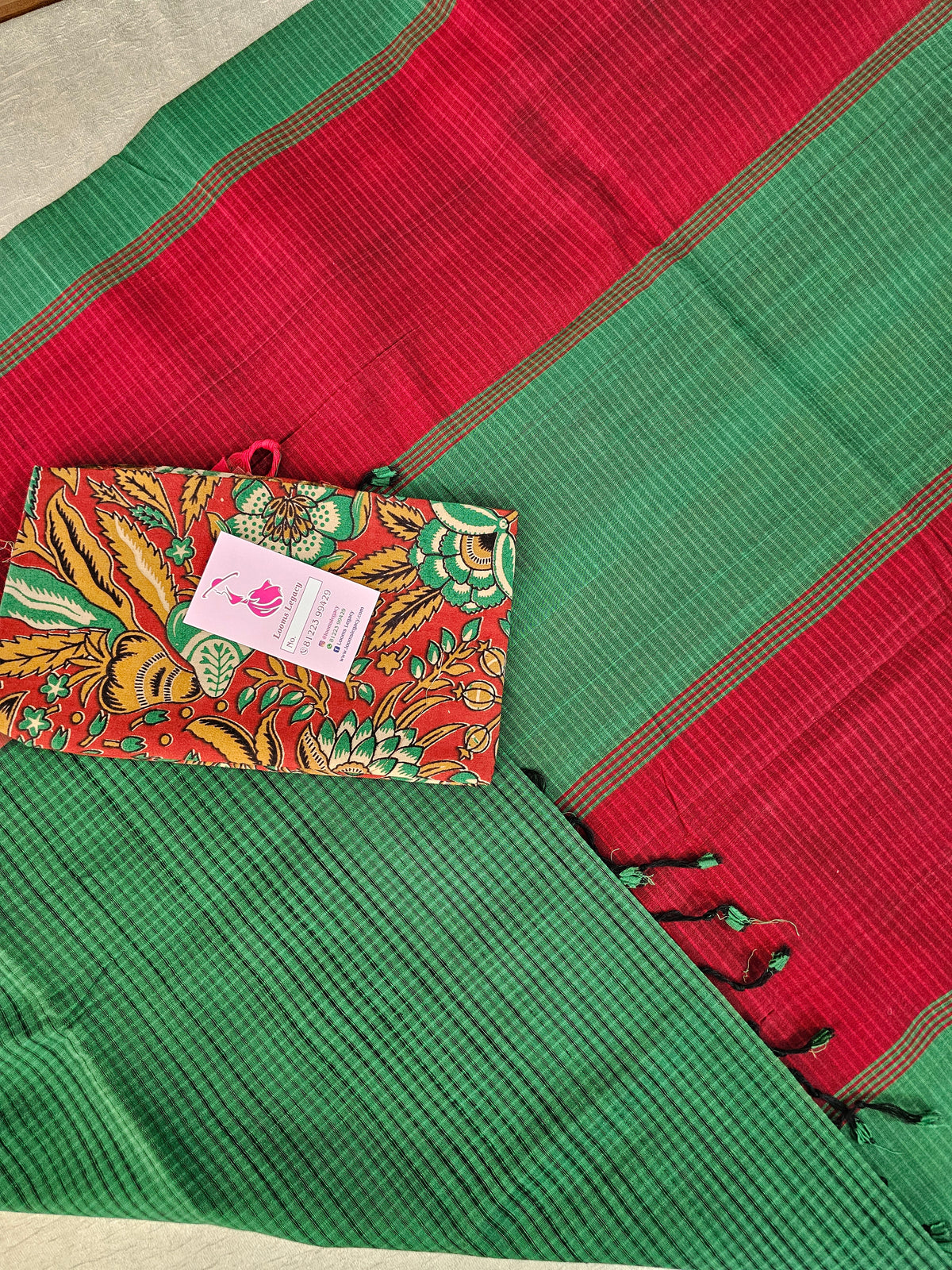 Handloom Mangalagiri Cotton - Green with Red