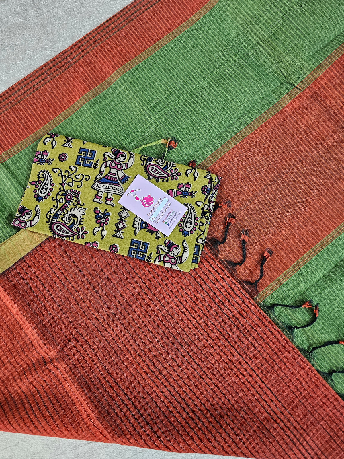 Handloom Mangalagiri Cotton - Red with Green