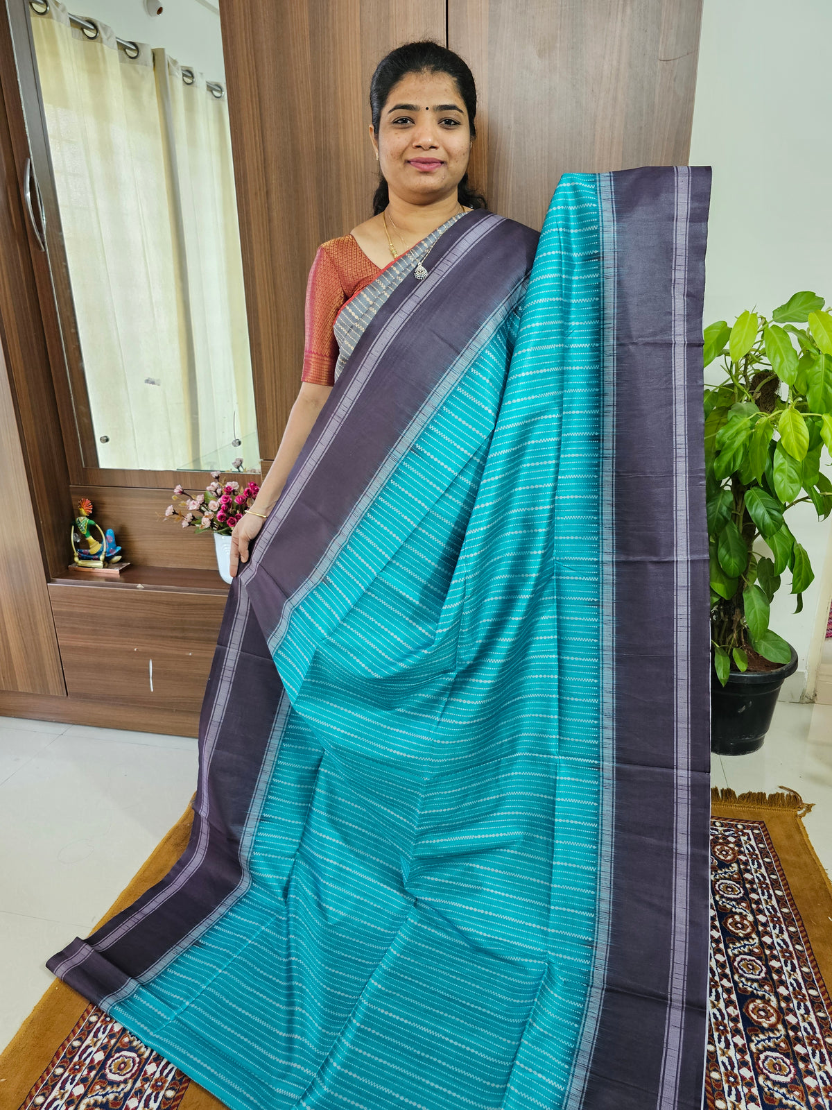 Semi Tussar with Digital Printed Saree - Sea Green with Dark Grey