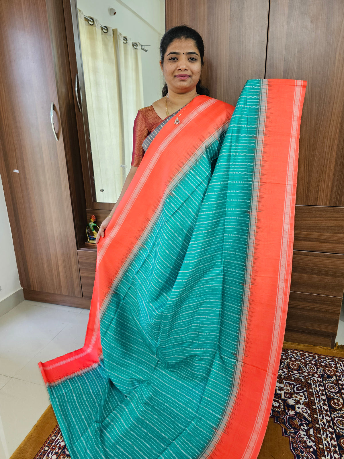 Semi Tussar with Digital Printed Saree - Sea Green with Orange
