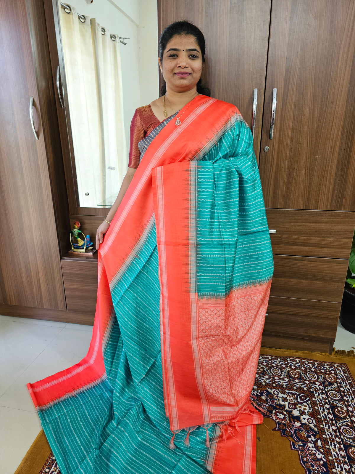 Semi Tussar with Digital Printed Saree - Sea Green with Orange