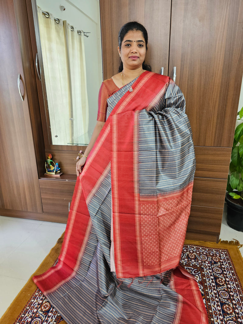 Semi Tussar with Digital Printed Saree - Elephant Grey with Maroon