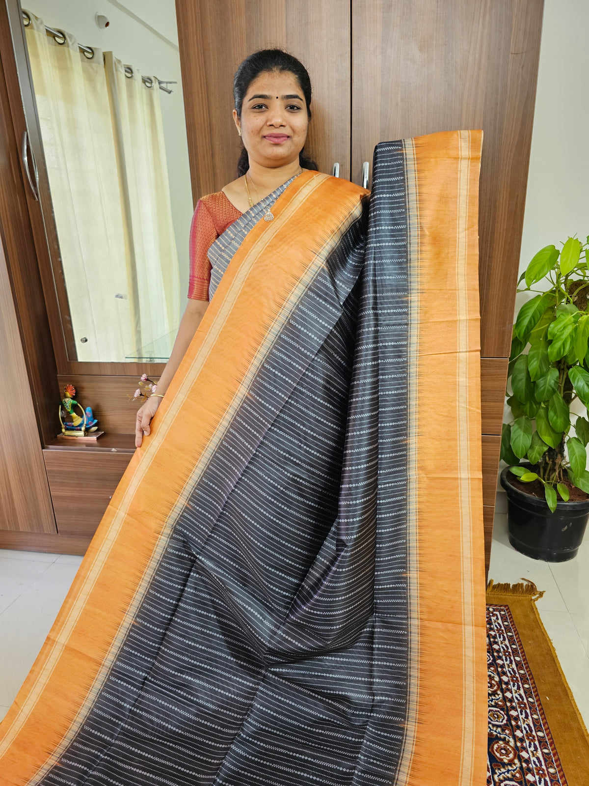 Semi Tussar with Digital Printed Saree - Black with Mustard Yellow