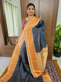 Semi Tussar with Digital Printed Saree - Black with Mustard Yellow