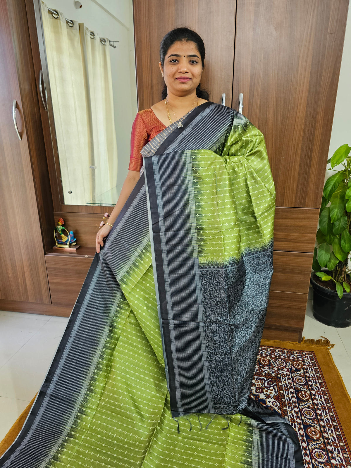 Semi Tussar with Digital Printed Saree - Green with Black