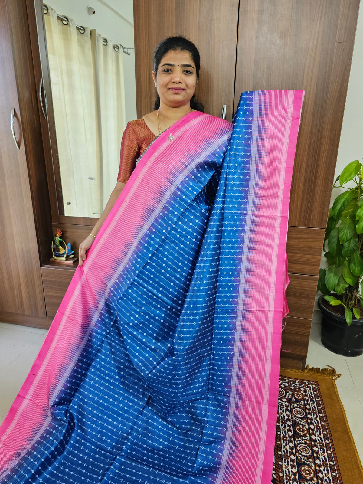 Semi Tussar with Digital Printed Saree - Blue with Pink