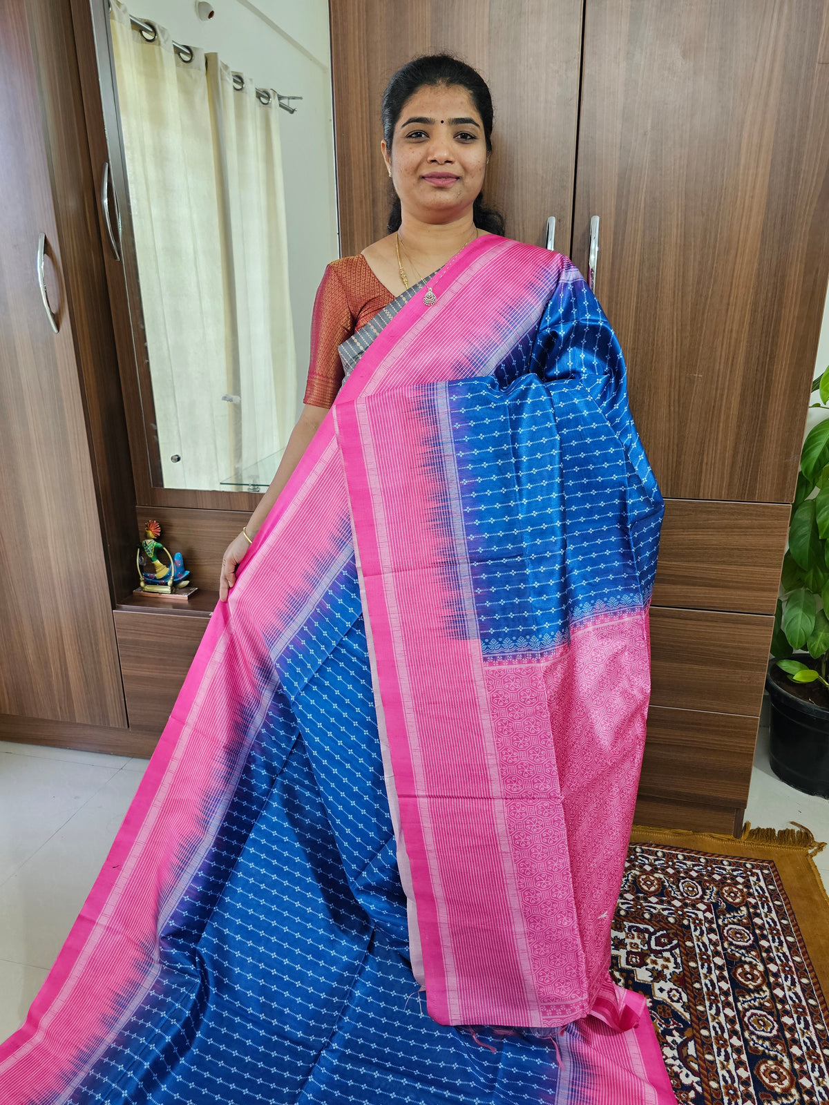 Semi Tussar with Digital Printed Saree - Blue with Pink