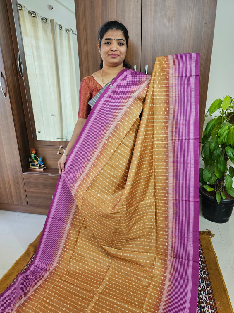 Semi Tussar with Digital Printed Saree - Mustard Yellow with Magenta Pink